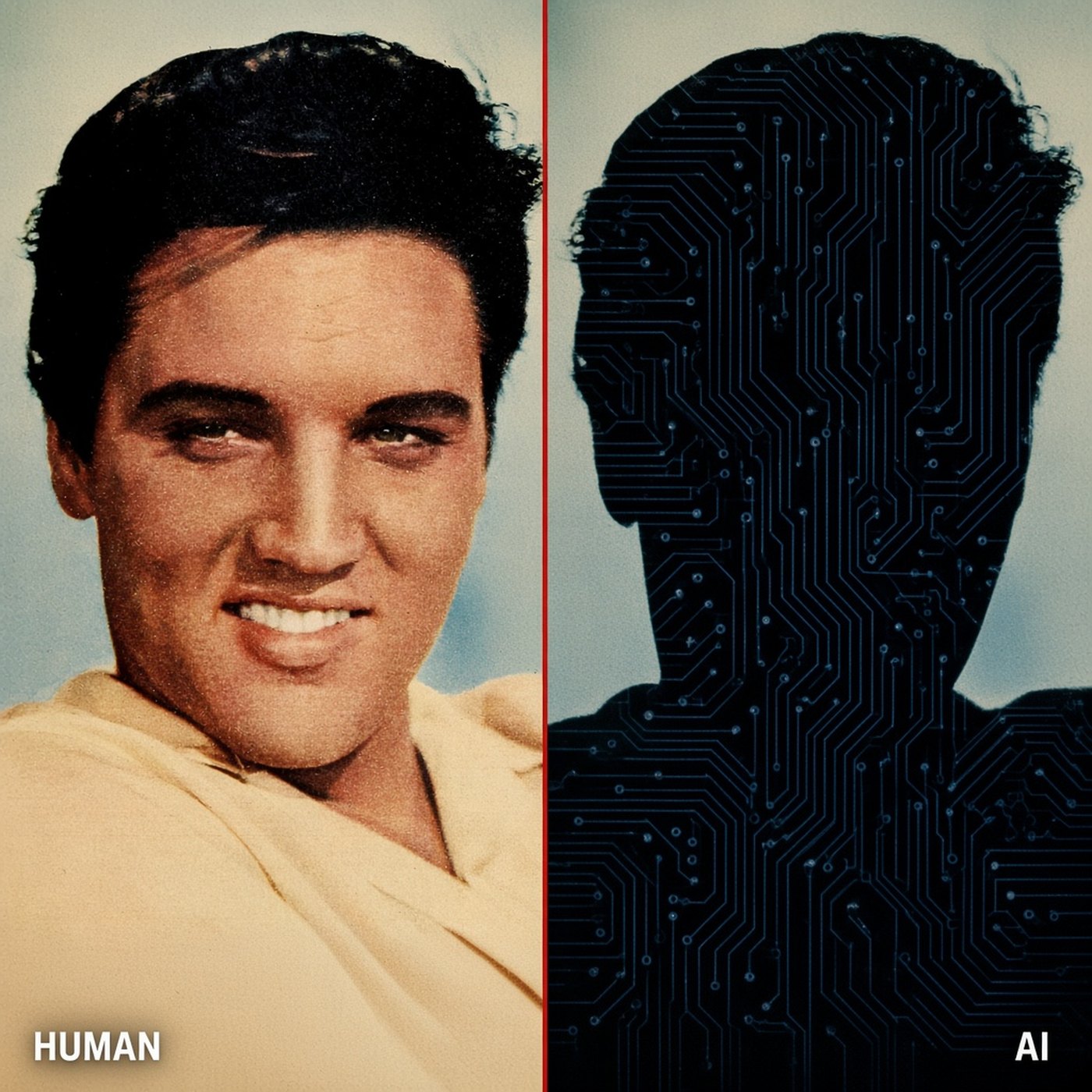 Split portrait of Elvis Presley: warm 1958 photograph on the left, dark circuit-board silhouette on the right, labeled Human and AI.